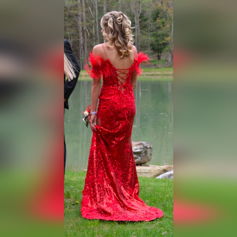 Sherri Hill Red Lace-Up Feather Sleeve Prom Dress - Picture 3 of 8